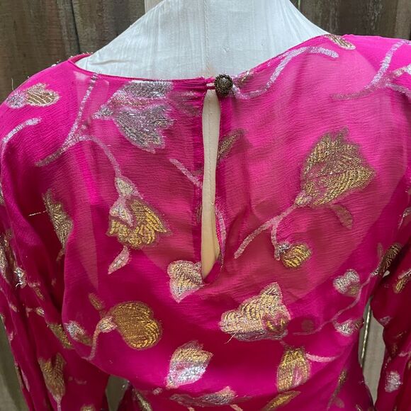 Vintage 80s THE SILK FARM Dolman Long Dress Fuchsia Chiffon Gold Silver Lame S - Picture 6 of 12